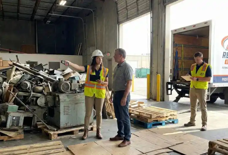 Waste management team in safety gear assessing project requirements at a client facility