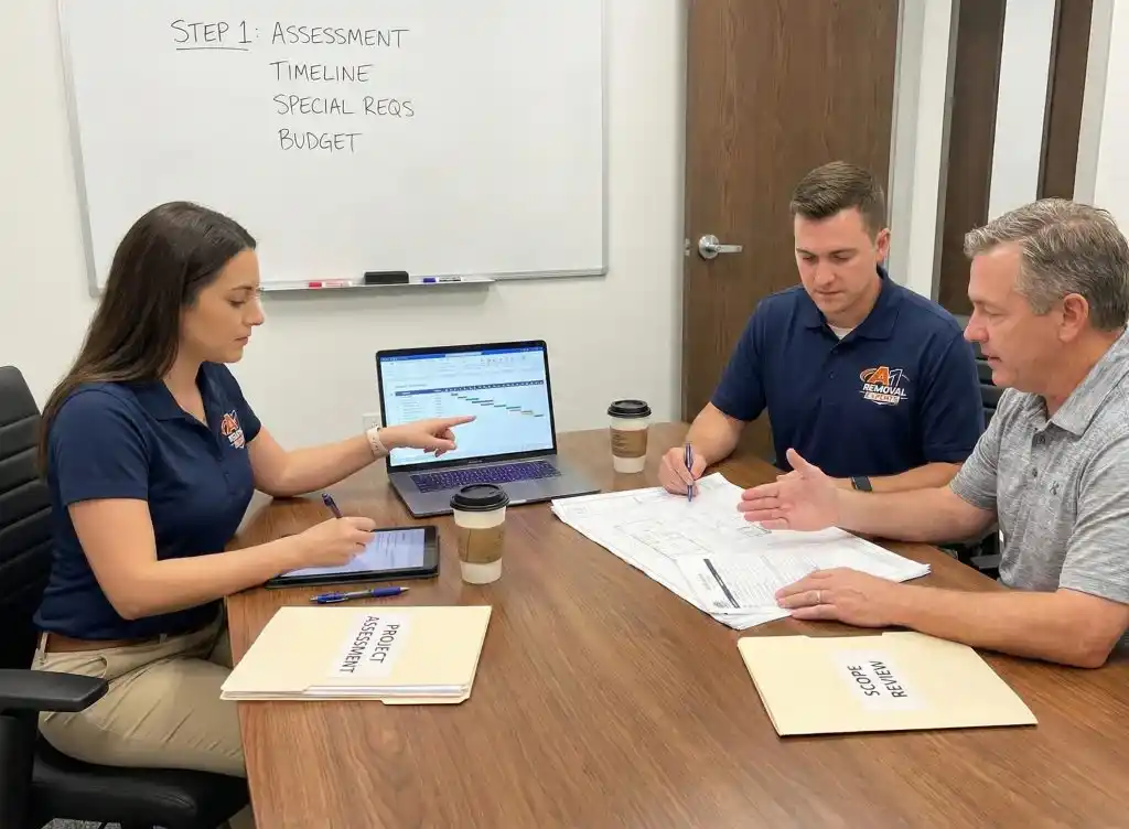 Project coordinators discussing waste removal scope and timeline with a client.